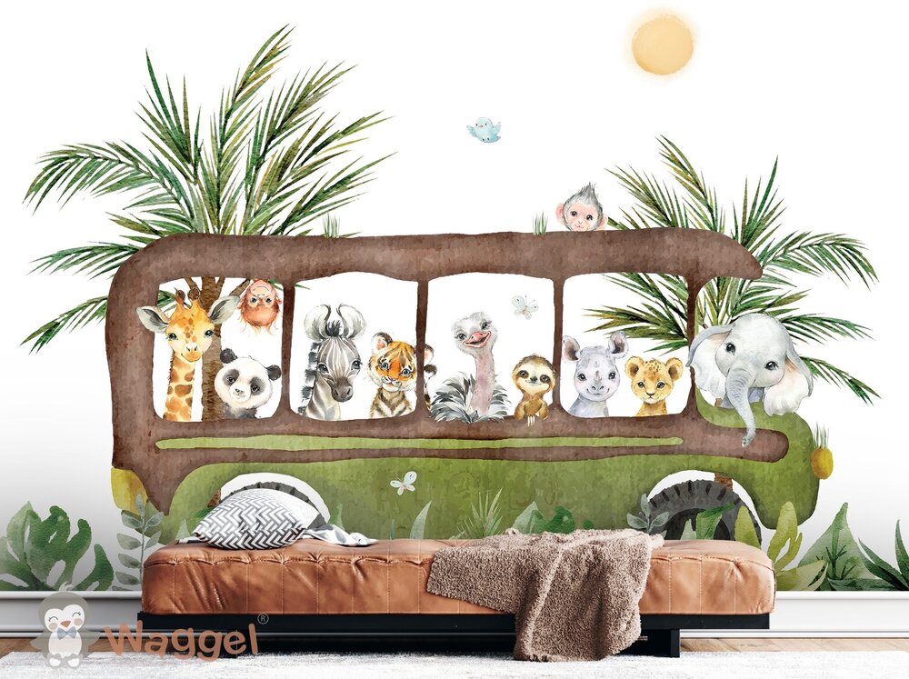 Behang jungle bus met bladeren