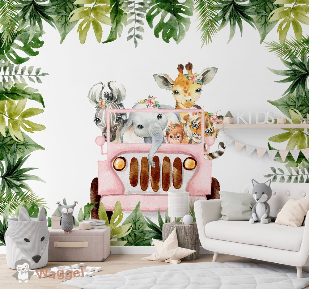 Behang jungle jeep roze met bladeren
