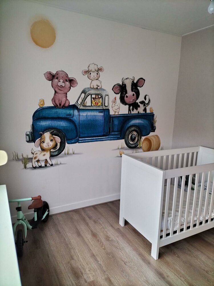 Behang boerderijdieren truck blauw