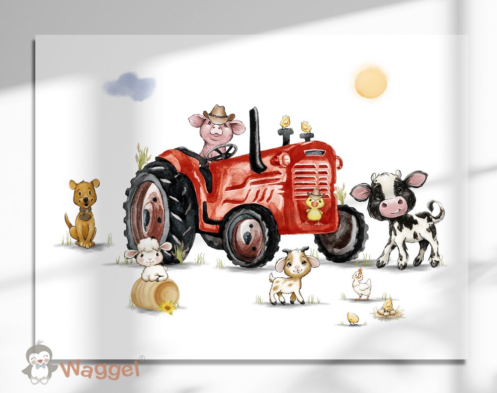 muurdecoratie boerderijdieren tractor rood