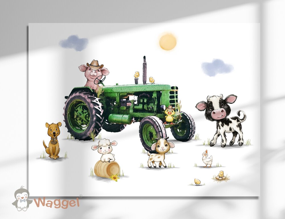 muurdecoratie boerderijdieren tractor groen