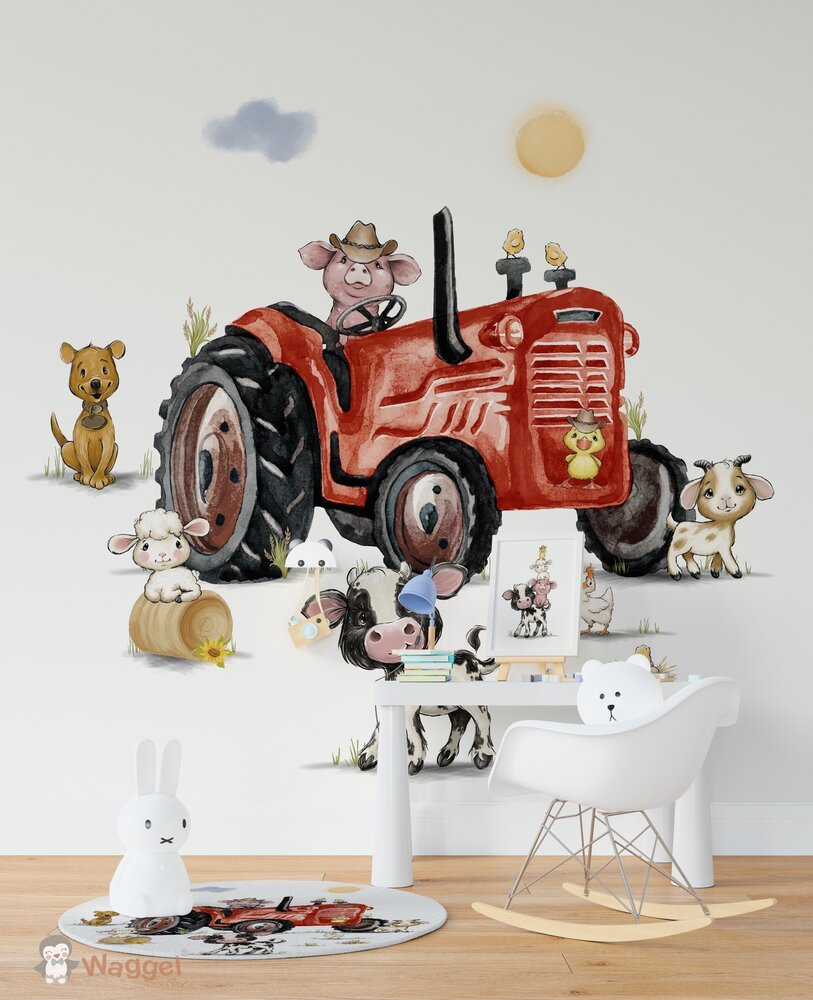 Behang boerderijdieren tractor rood