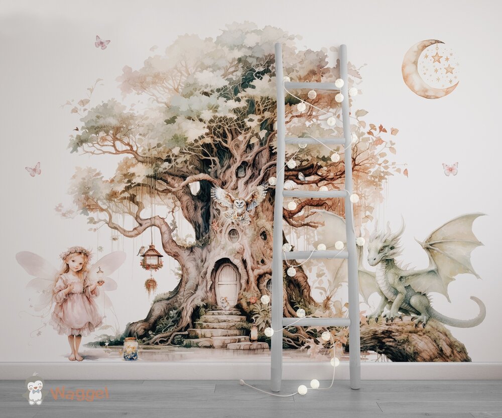 Behang Fairy tale elfje en draak