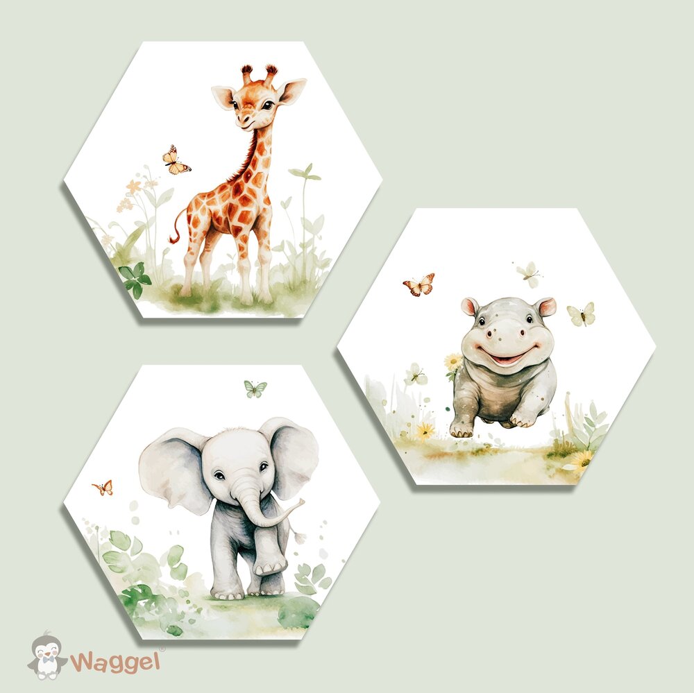 Hexagon set Jungle fun giraf, nijlpaard en olifant