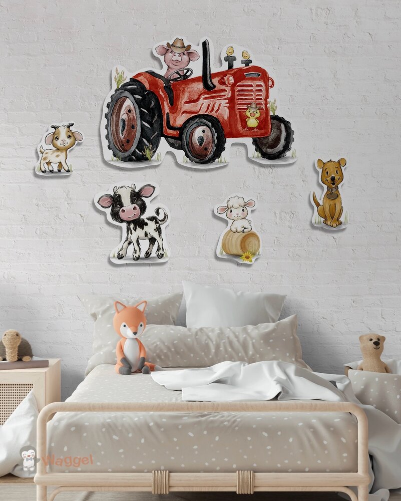 muurdecoratie boerderijdieren tractor rood