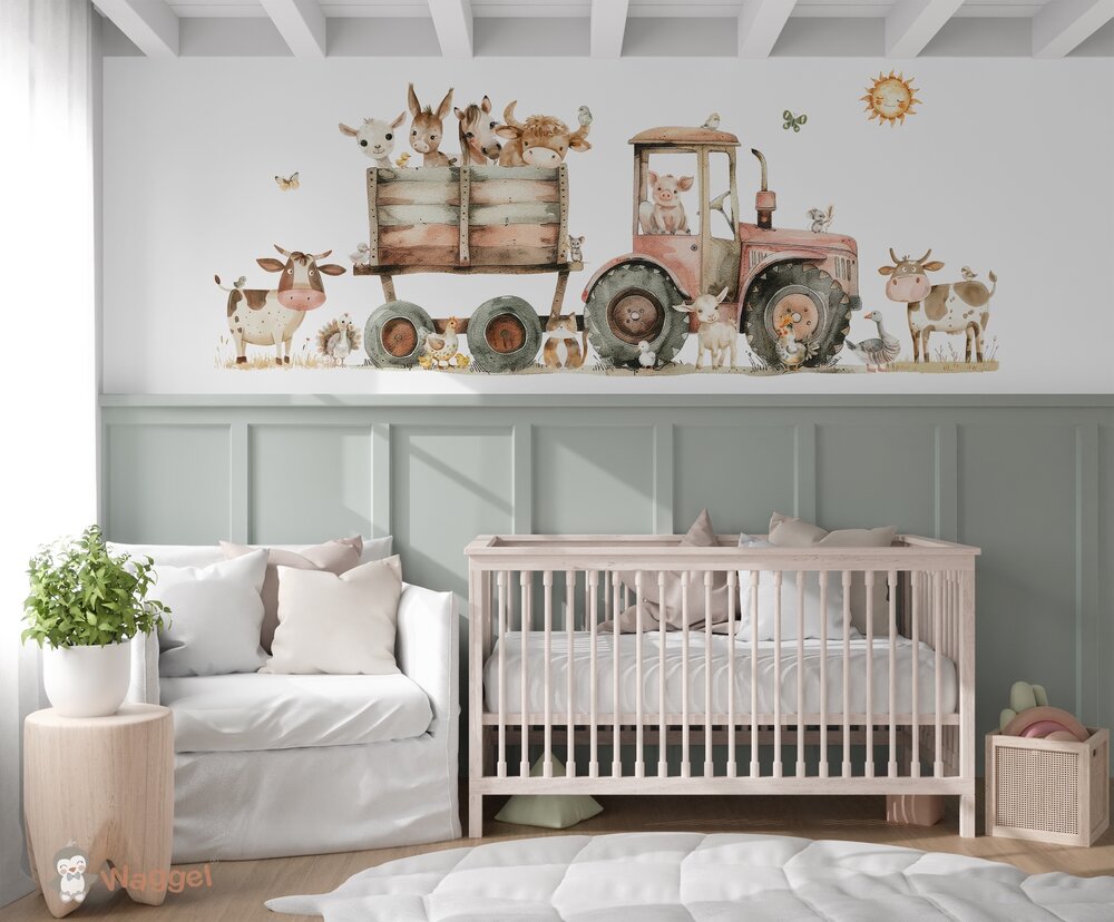 Behang Funny Farm tractor rood (geschikt voor een brede en smalle muur bijv. boven lambrisering)