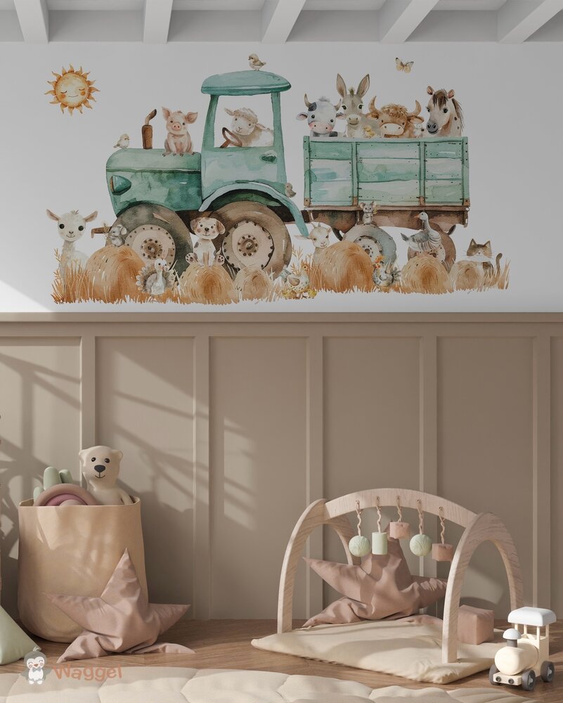 Behang Funny Farm tractor mint (geschikt voor een brede en smalle muur bijv. boven lambrisering)