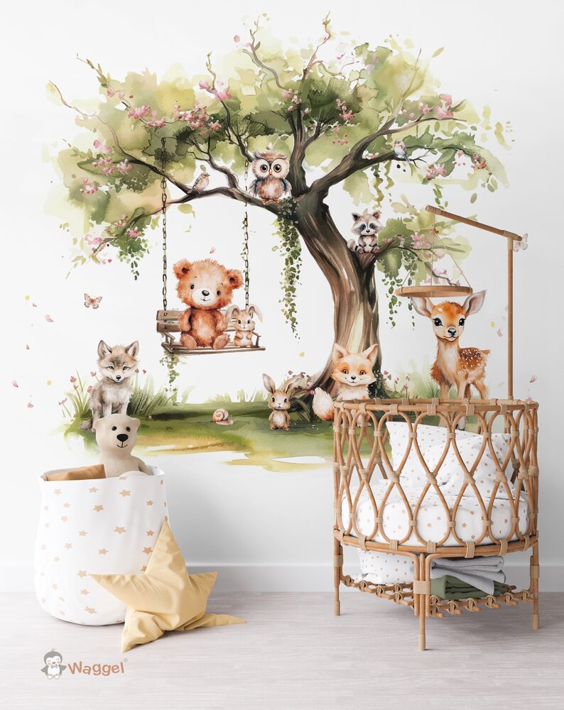 Behang Dreamy Woods swing babies pink