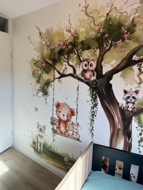 Behang Dreamy Woods swing babies pink