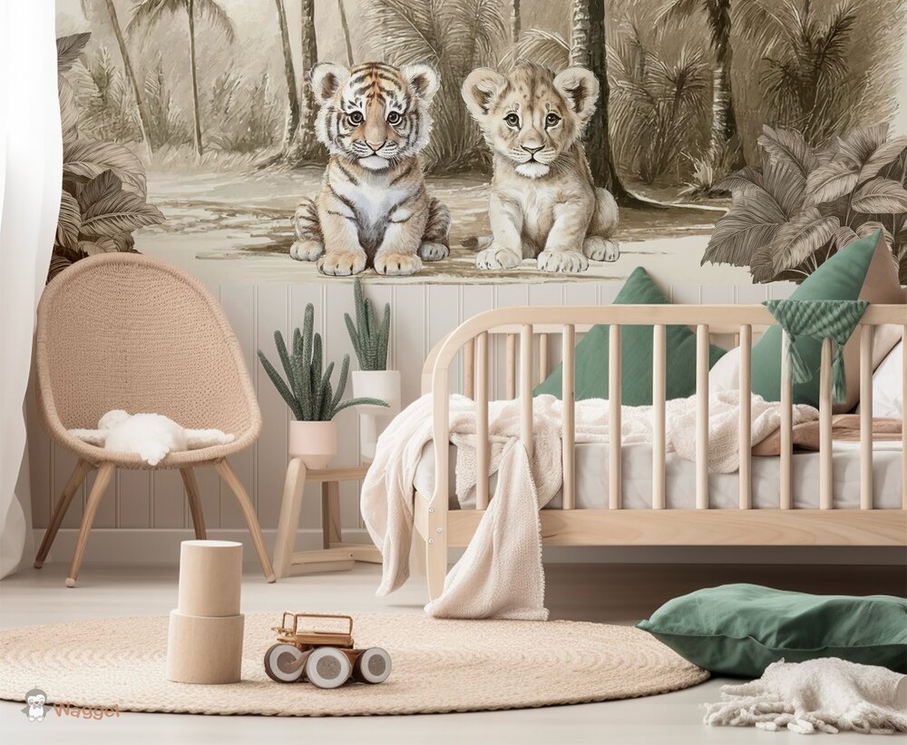 Behang jungle naturel tijger en leeuwtje met bedrukte lambrisering
