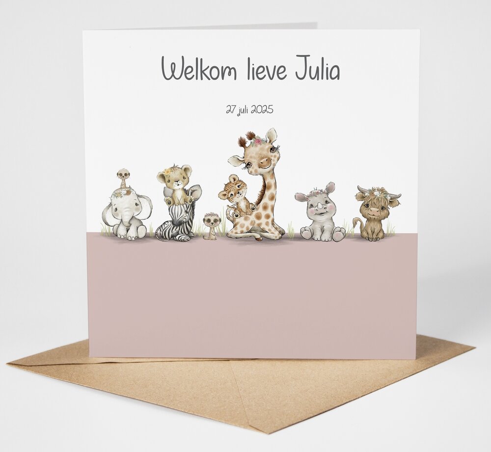 Jungle cuties roze geboortekaartjes