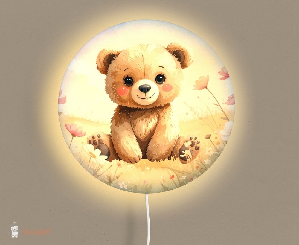 Wandlamp rond Happy Tails beertje in bloemenveld 