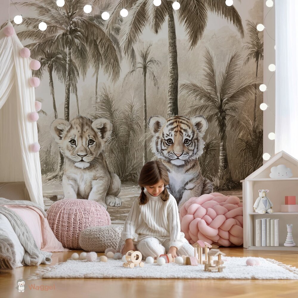 Behang Jungle naturel tijgertje en leeuw