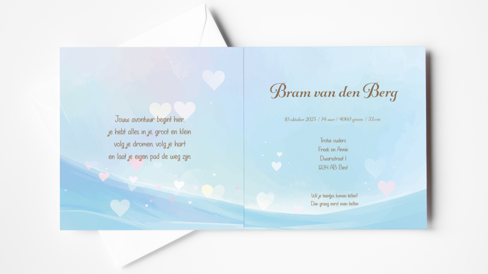 Proefdruk geboortekaartje Happy Tails pinquin