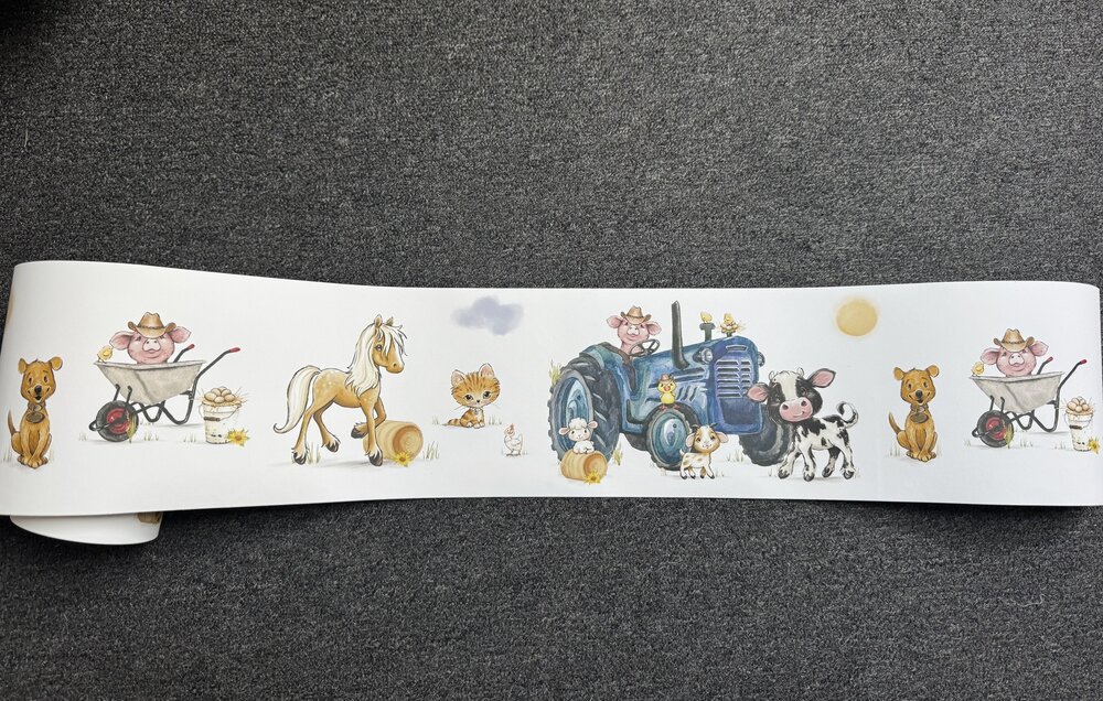 Behangrand boerderijdieren tractor blauw 4 meter