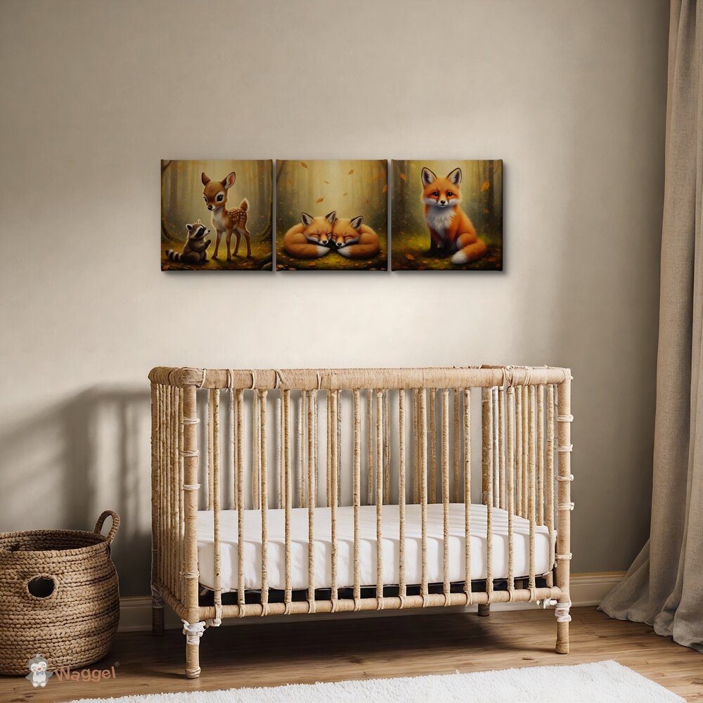 Canvas drieluik Whispering woods &quot;Gentle forest friends&quot;