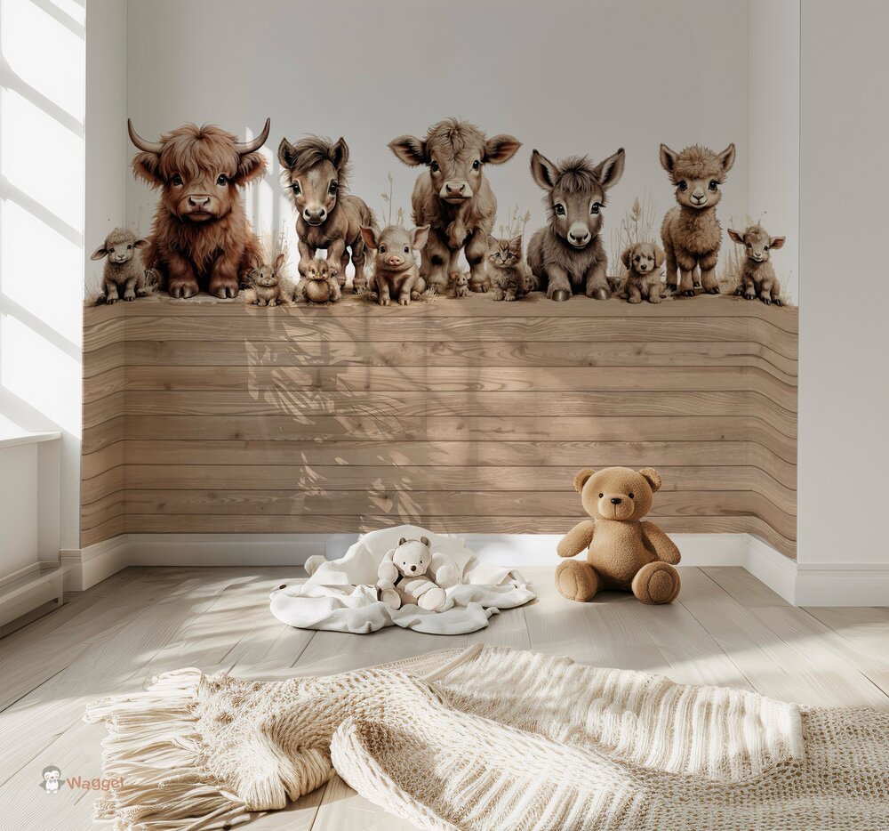 Behang boerderijdieren naturel met bedrukte lambrisering