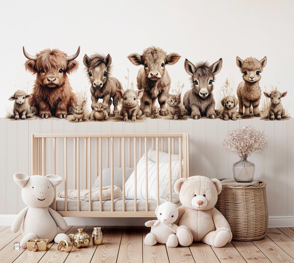 Behang sample boerderijdieren naturel met bedrukte lambrisering