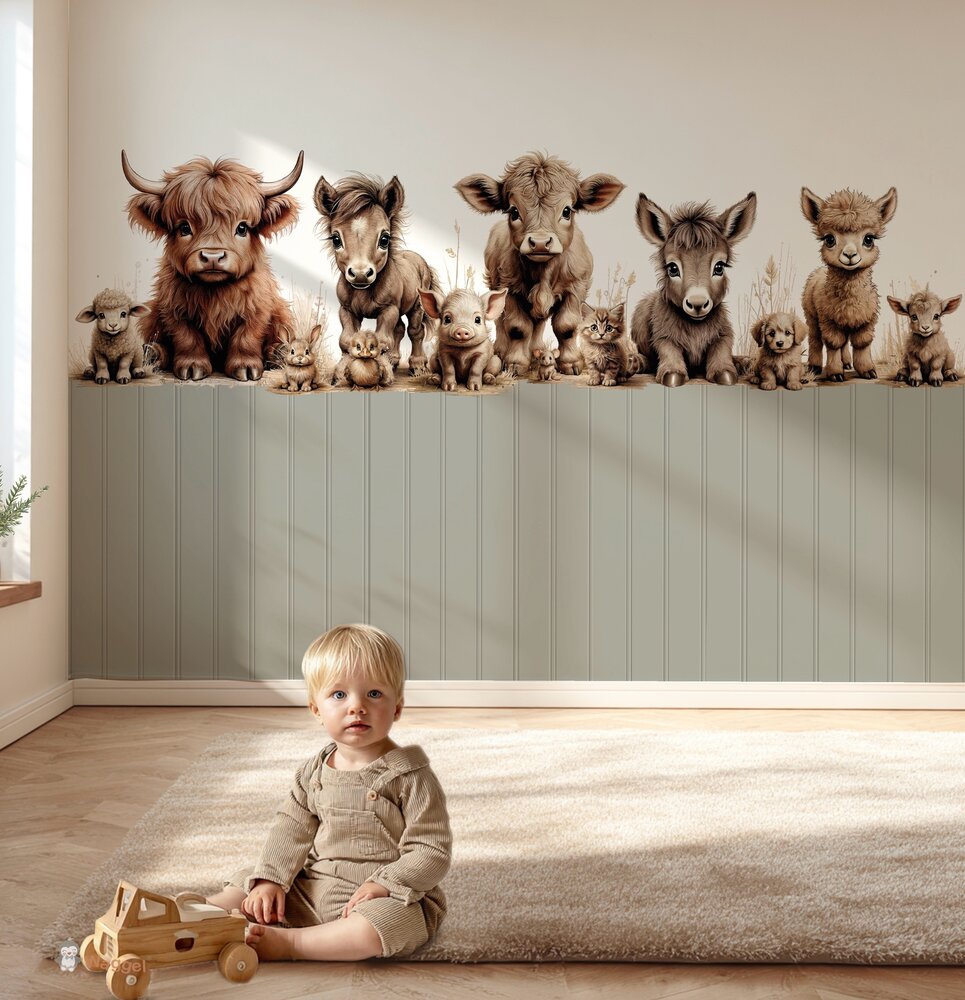 Behang sample boerderijdieren naturel met bedrukte lambrisering