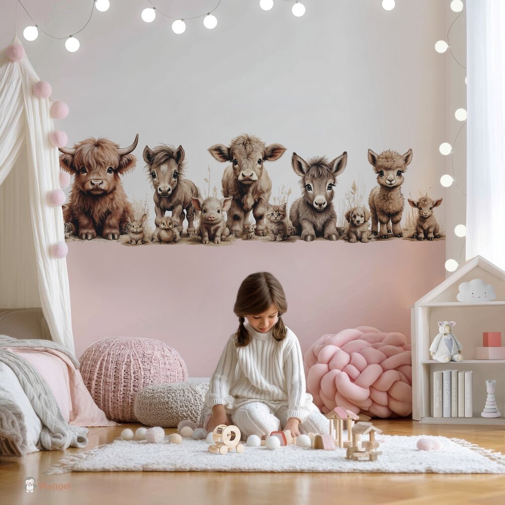 Naadloos fotobehang boerderijdieren naturel gekleurde onderzijde