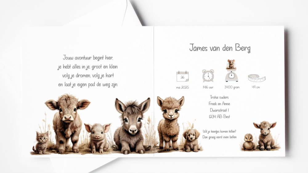 Geboortekaarten boerderijdieren naturel