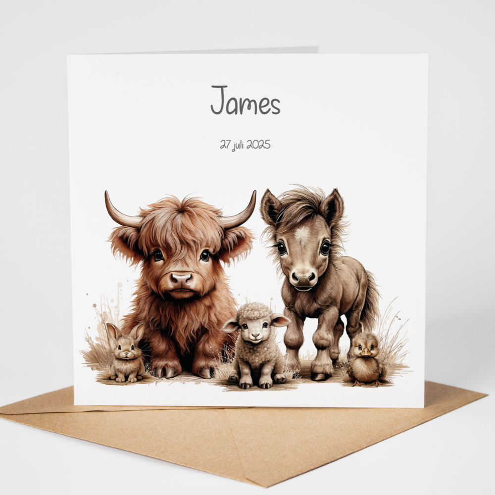 Proefdruk geboortekaartje boerderijdieren naturel