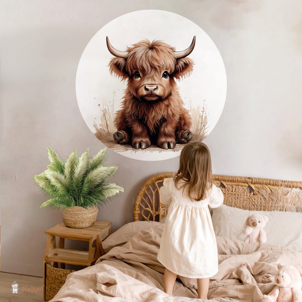 Zelfdklevende wanddecoratie boerderijdieren naturel Schotse Hooglander