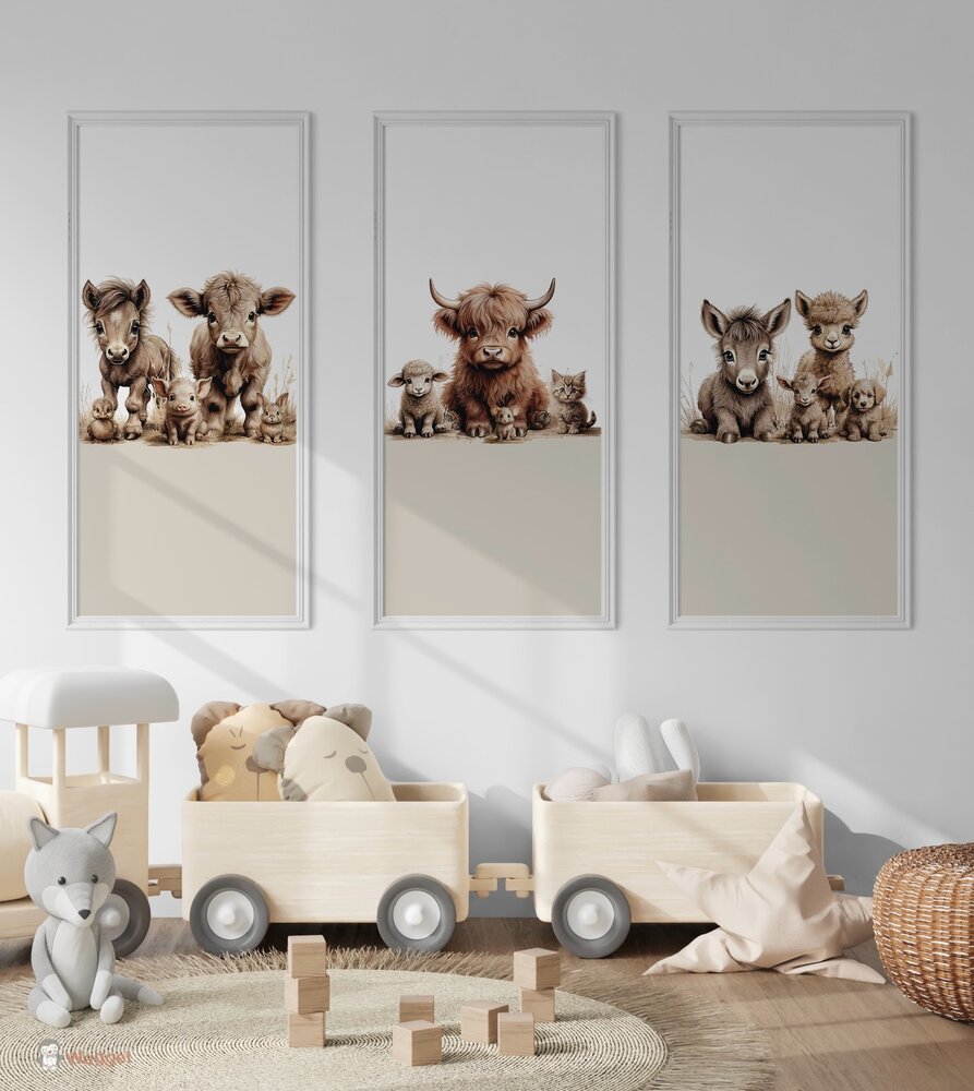 Behang panelen (set van 3) boerderijdieren naturel 