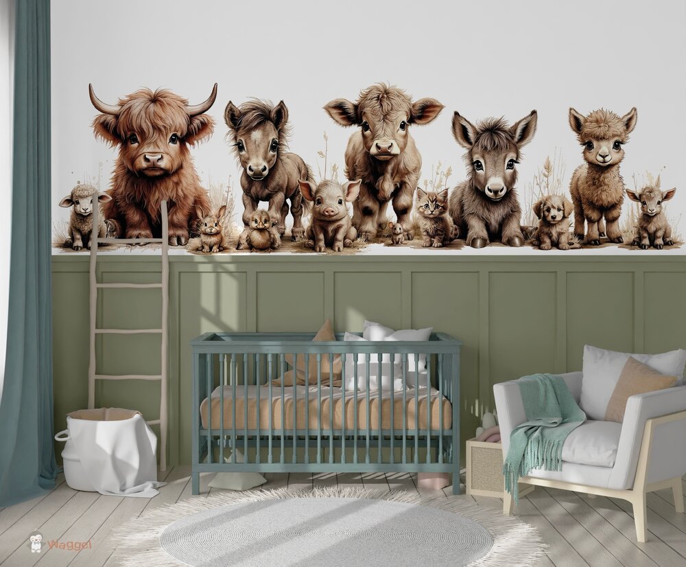 Sample naadloos fotobehang boerderijdieren naturel (geschikt voor een brede en smalle muur bijv. boven lambrisering)