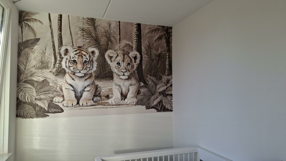 Behang sample Jungle naturel Little ones tijgertje en leeuw (geschikt voor een brede en smalle muur bijv. boven lambrisering)