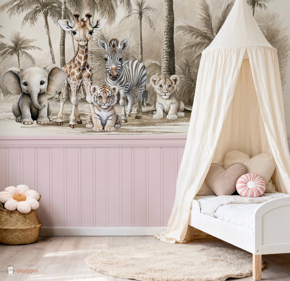 Naadloos fotobehang jungle naturel little ones adventure met bedrukte pastel lambrisering