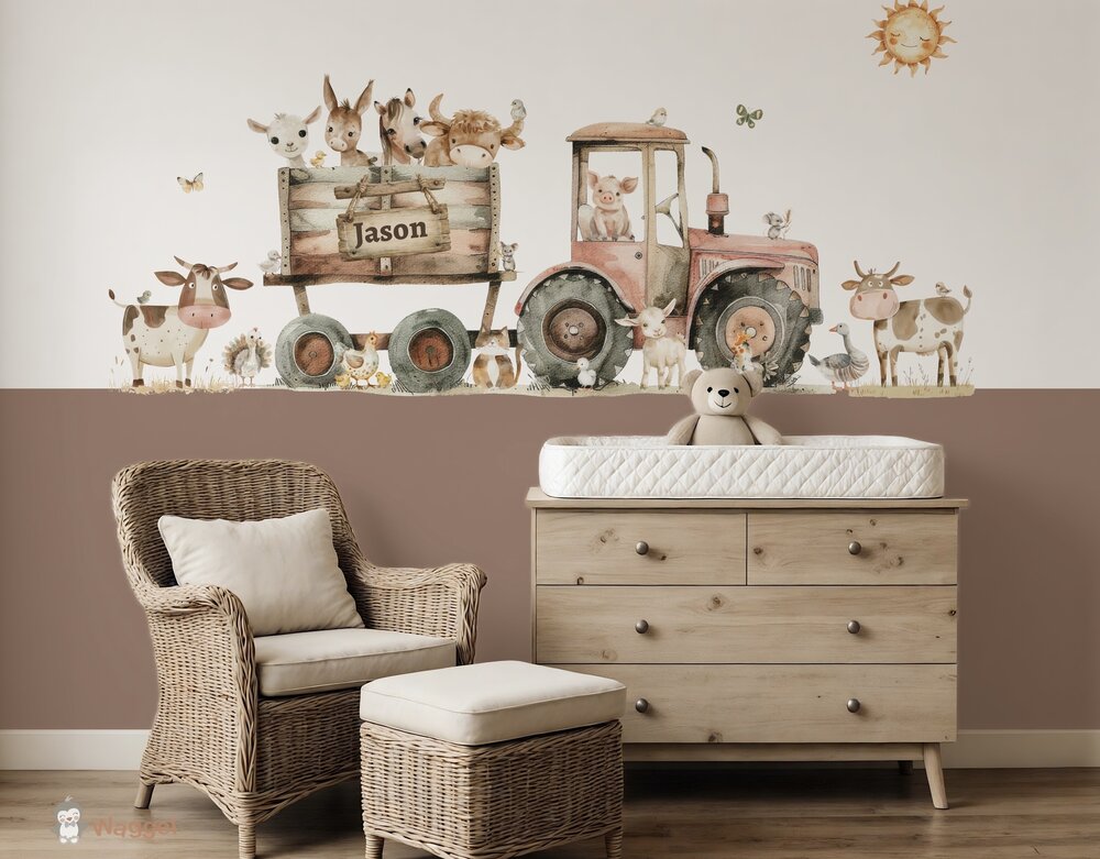 Sample naadloos fotobehang Funny Farm tractor rood met roestbruine onderzijde