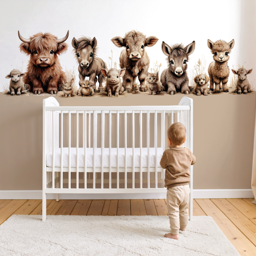 Sample velours naadloos behang boerderijdieren naturel -aardetint onderzijde-