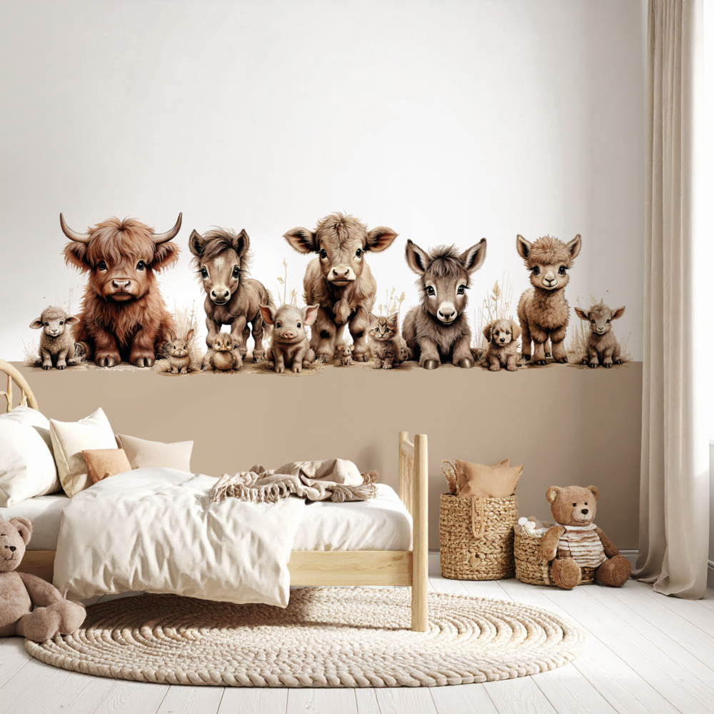 Sample velours naadloos behang boerderijdieren naturel -aardetint onderzijde-