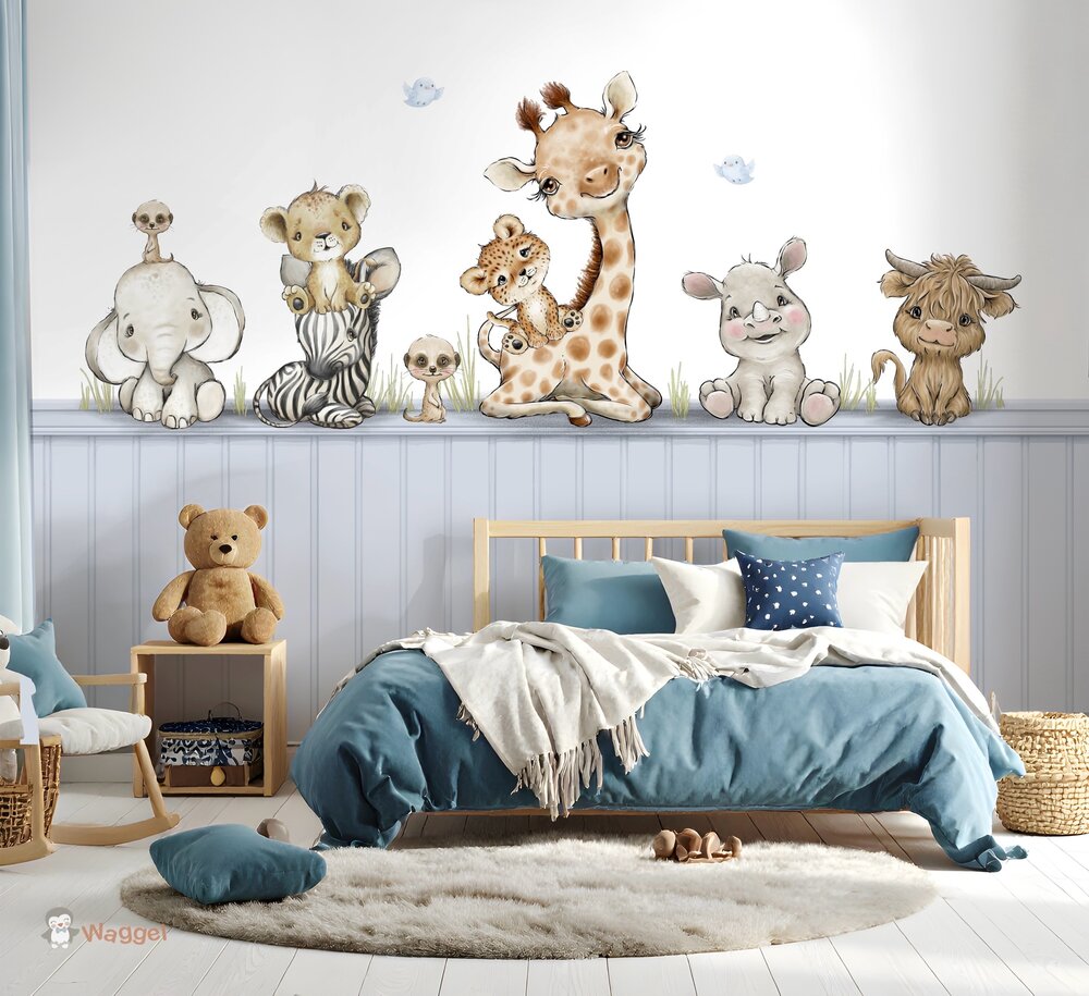 Sample naadloos fotobehang Jungle cuties met bedrukte lambrisering