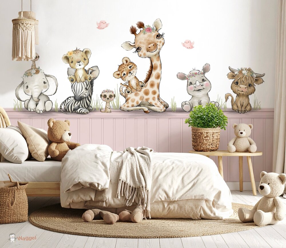 Sample naadloos fotobehang Jungle cuties met bedrukte lambrisering