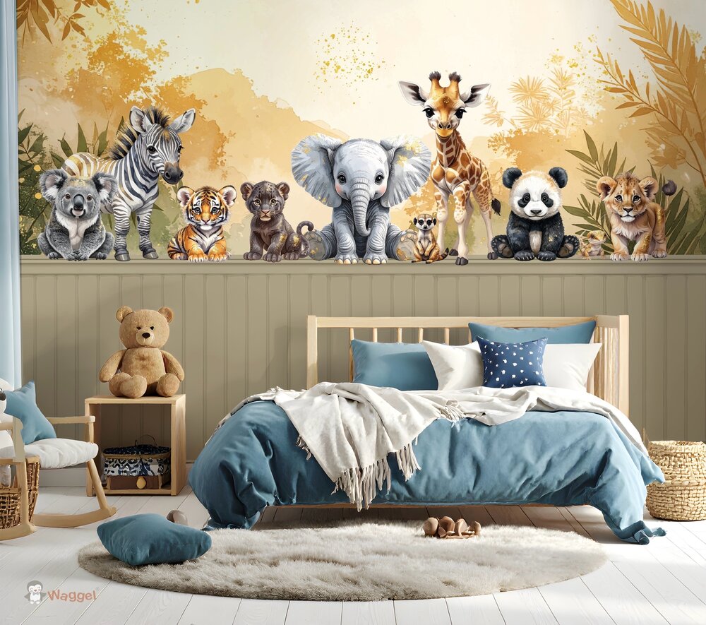 Naadloos fotobehang Jungle Touch of gold "Together" met bedrukte lambrisering