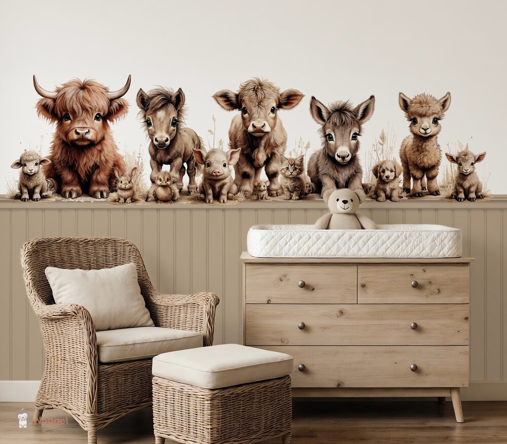 Behang boerderijdieren naturel met bedrukte lambrisering