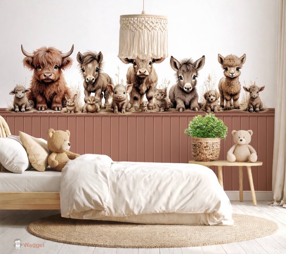 Behang boerderijdieren naturel met bedrukte lambrisering