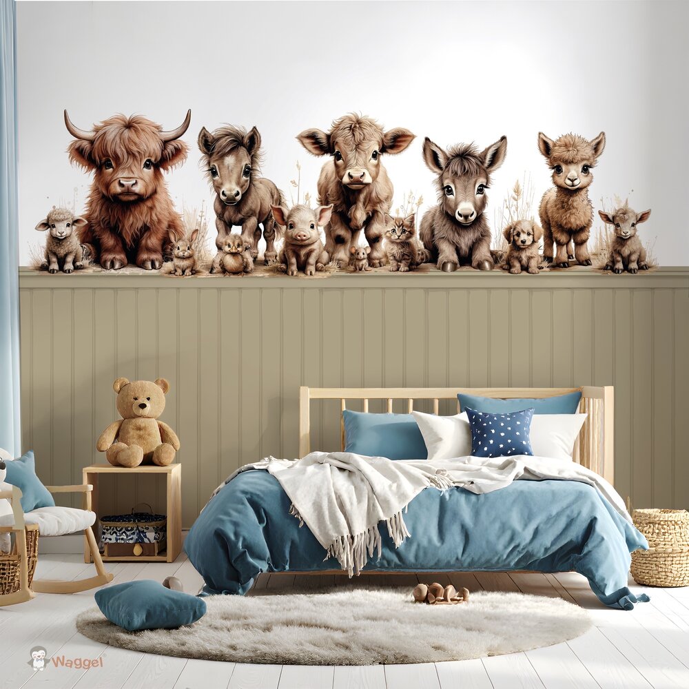 Behang boerderijdieren naturel met bedrukte lambrisering