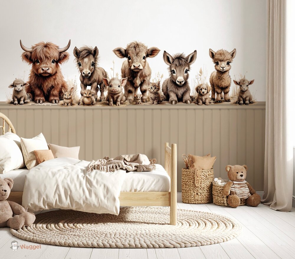 Behang sample boerderijdieren naturel met bedrukte lambrisering