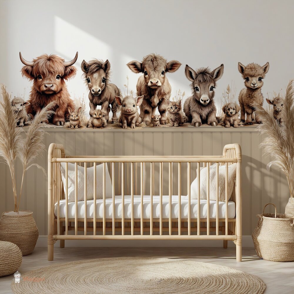 Behang sample boerderijdieren naturel met bedrukte lambrisering