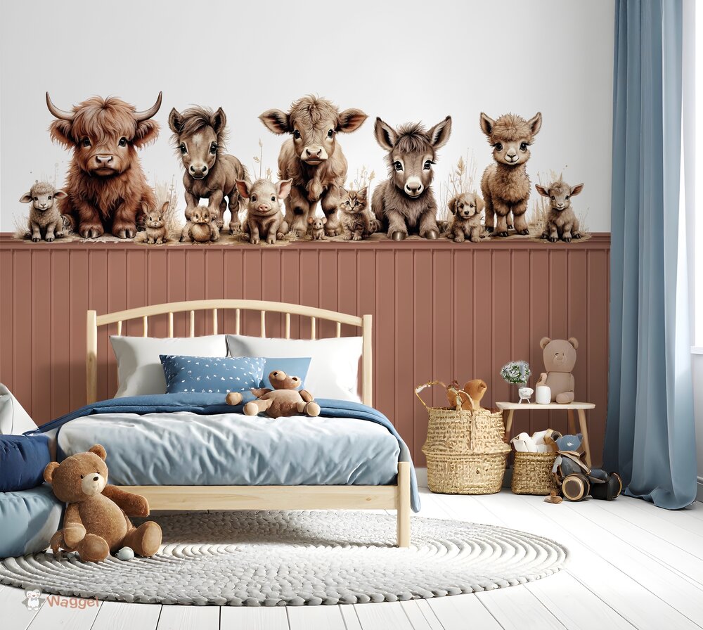 Behang sample boerderijdieren naturel met bedrukte lambrisering