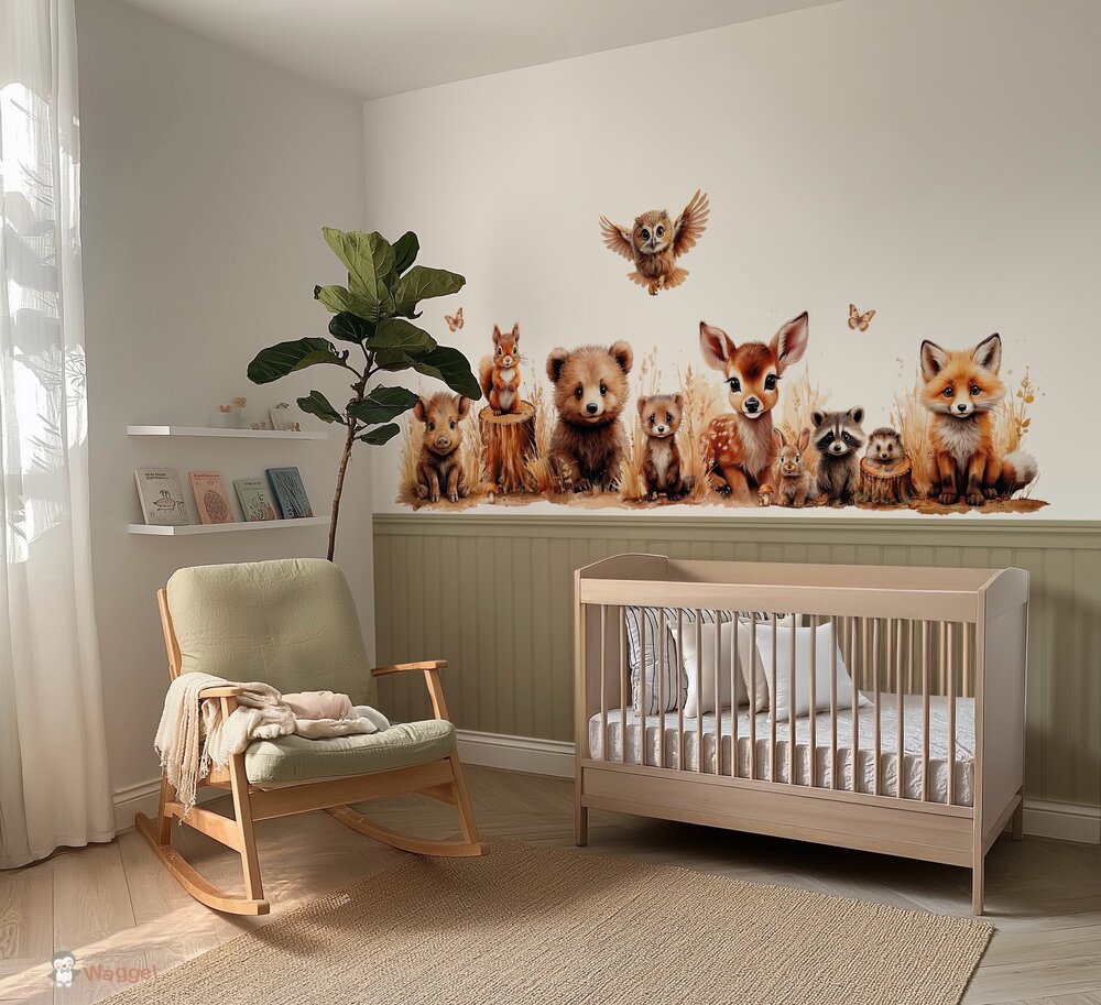 Behang sample bosdieren naturel met bedrukte lambrisering