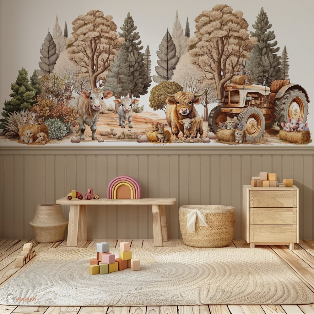 Behang sample Vintage Farm met bedrukte lambrisering