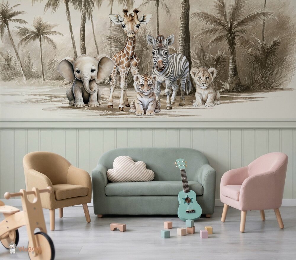 Sample Naadloos fotobehang jungle naturel little ones adventure met bedrukte pastel lambrisering