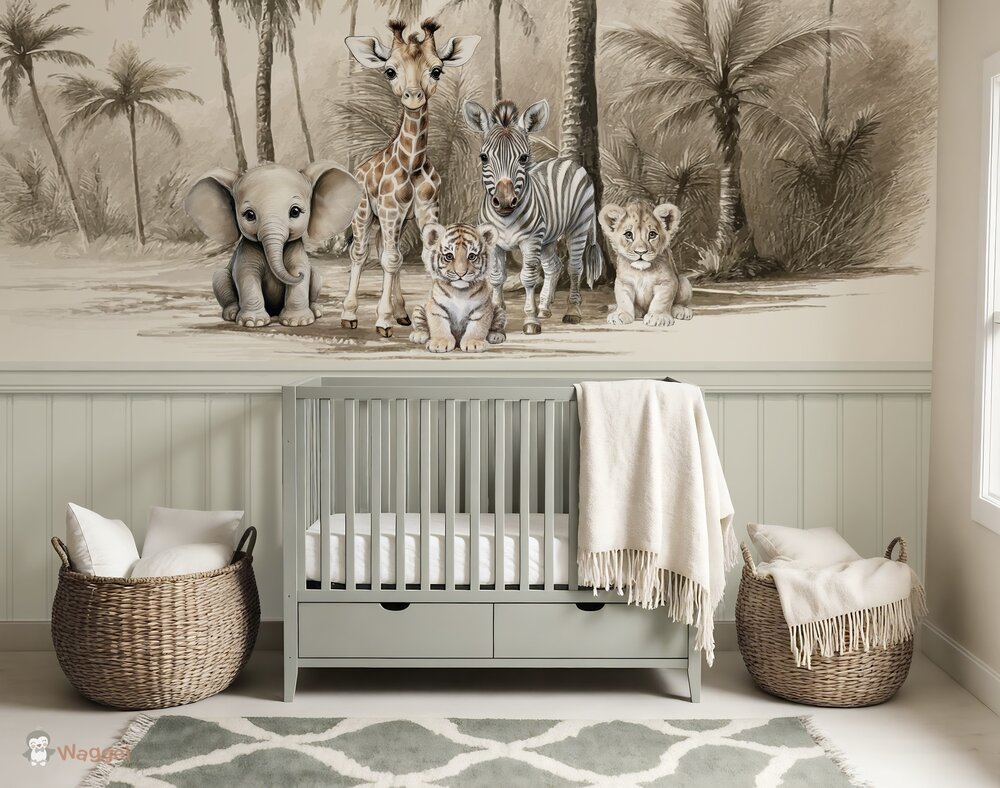 Sample Naadloos fotobehang jungle naturel little ones adventure met bedrukte pastel lambrisering