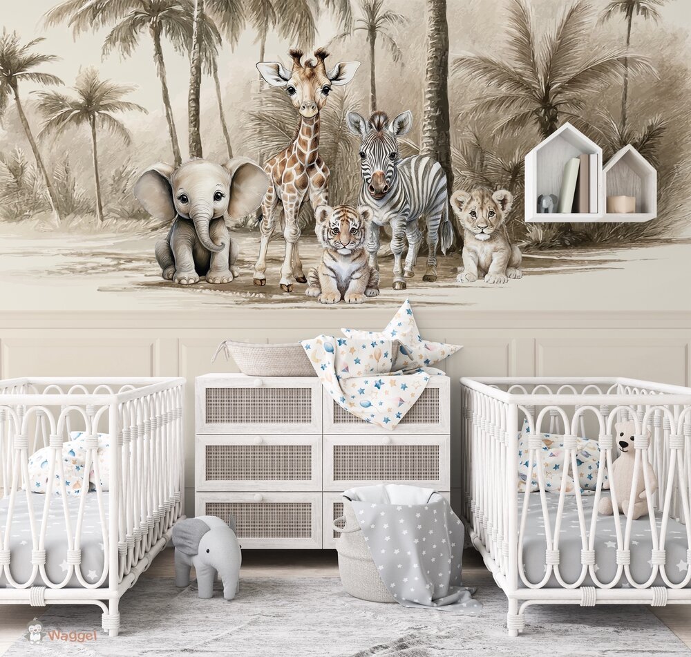 Velours naadloos behang jungle naturel little ones adventure met bedrukte ecru lambrisering