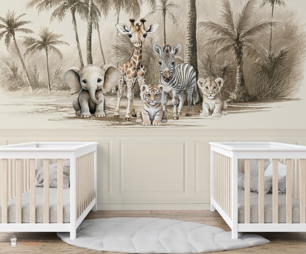 Velours naadloos behang jungle naturel little ones adventure met bedrukte ecru lambrisering