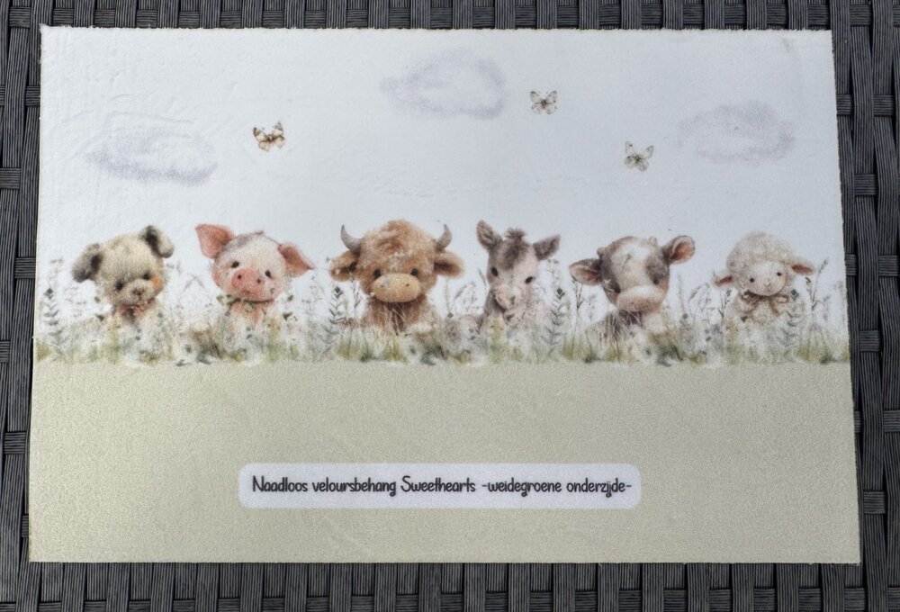 Velours naadloos behang Sweethearts boerderijdieren Weidegroene onderzijde